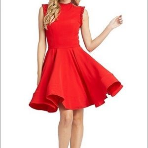 Red Mac Duggal fit and flare cocktail dress